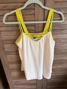Women's White Tank Top with Bright Yellow Strappy Detail